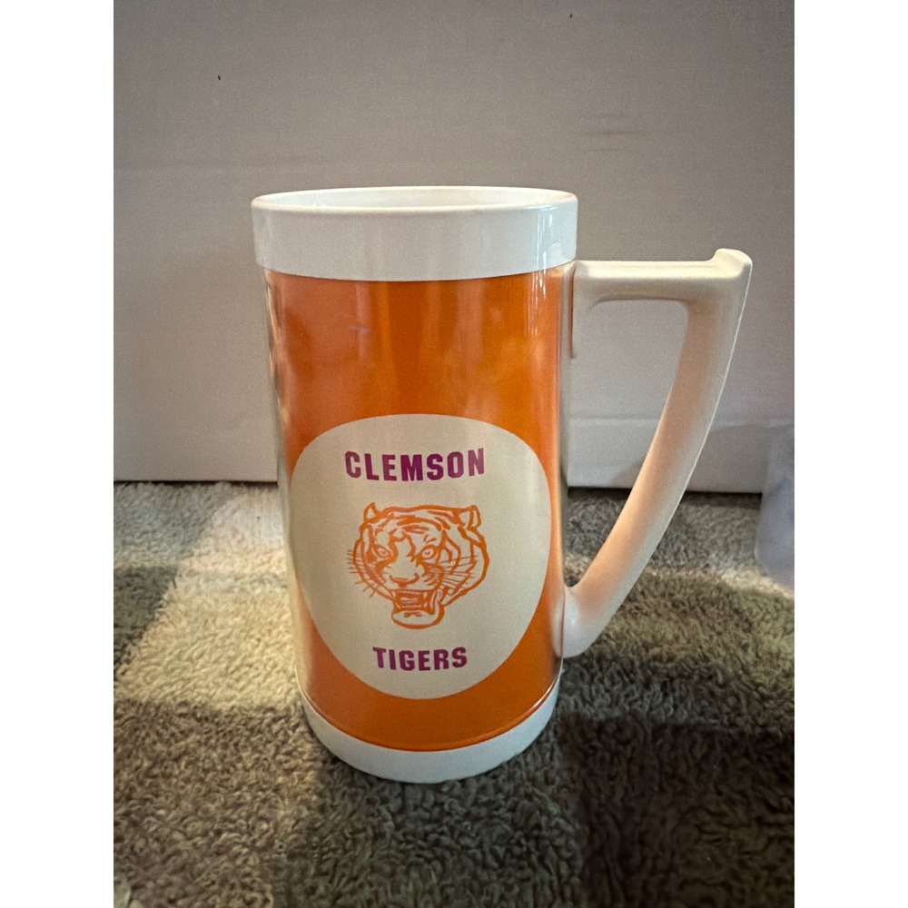 Vintage Clemson Tigers Thermo-Serv Insulated Mug Orange White West Bend USA Made